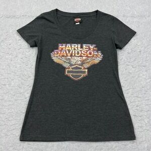 Harley Davidson Shirt Women's Large Gray Double Sided Biker Chick Scoop Neck Tee